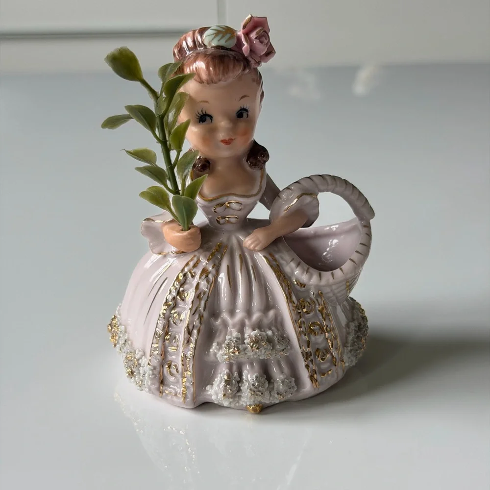 Ucagco Vintage Ceramic Spahgetti Trim Girl Figurine with Basket Planter